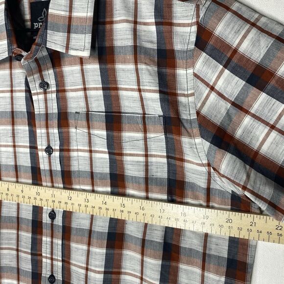 Prana Mens MEDIUM Rust Gray Plaid Short Sleeve Button Down Shirt - Picture 4 of 7